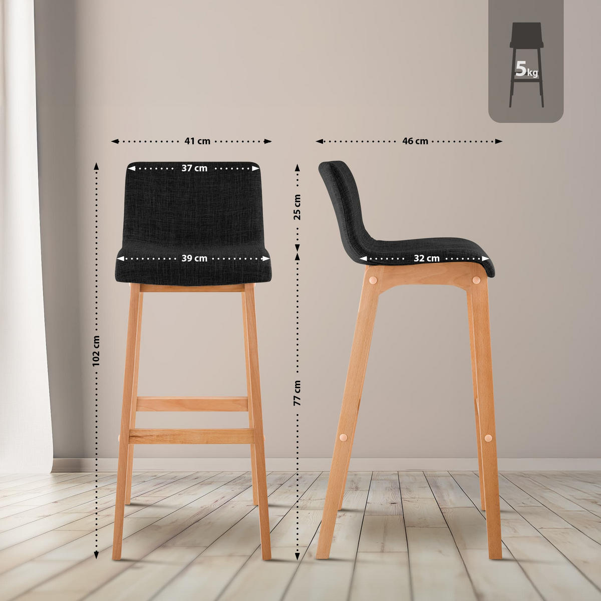 BARHOCKER 2er Set Stoff Dunkelgrau - Eukalyptusholzfarben/Dunkelgrau, Holz/Textil (41/102/46cm) - CLP