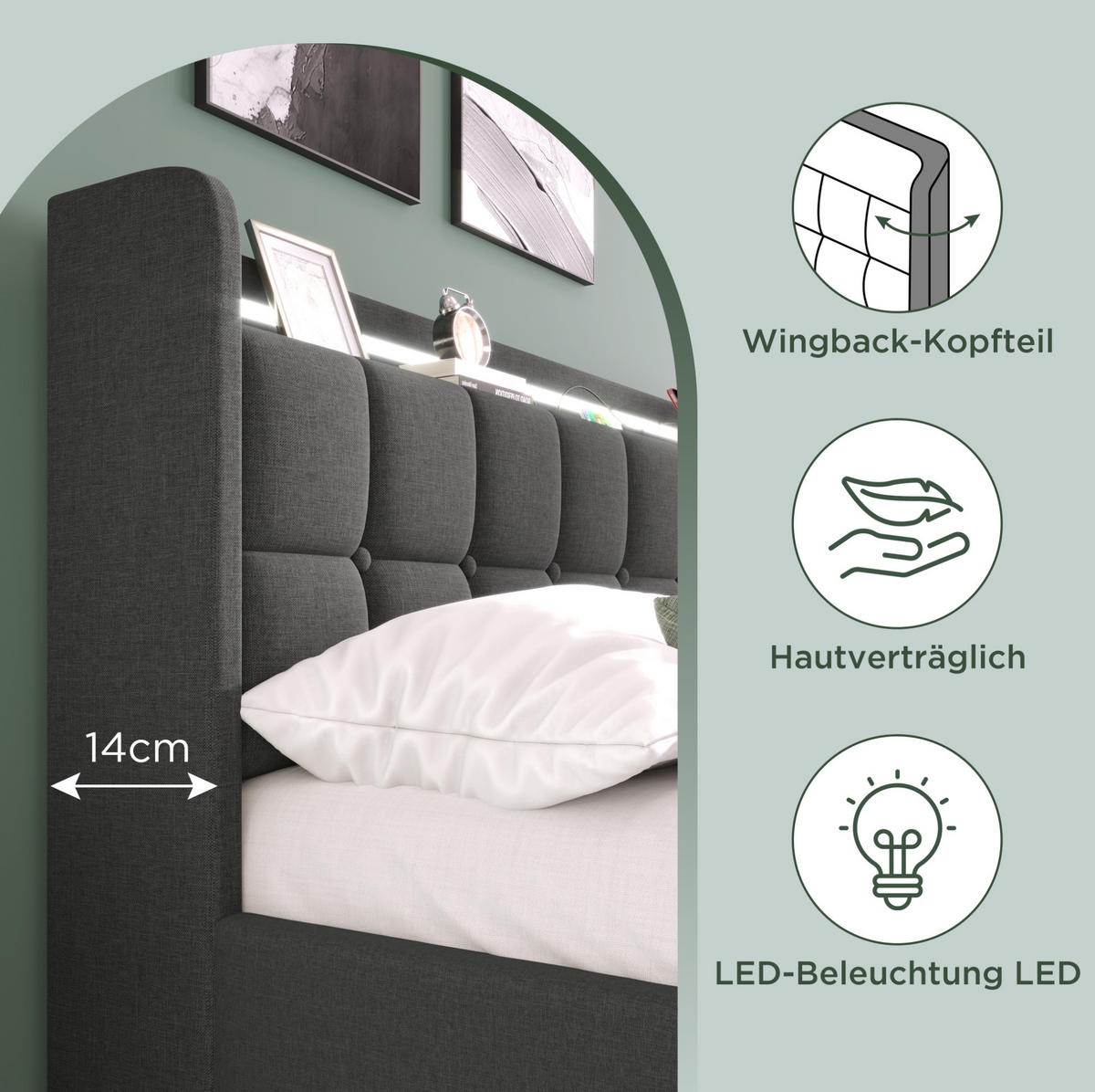 POLSTERBETT 90/200 cm Grau mit LED-Beleuchtung, USB-Anschlüssen und 2 Schubladen - Grau, Holz (90/200cm) - Flora Grace