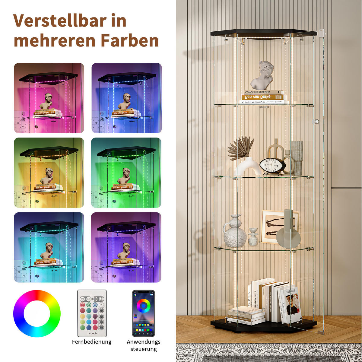 GLASVITRINE freistehend LED 1 Tür Schloss Glas schwarz - Schwarz, Holz (60/162/40cm) - LEBENLANG