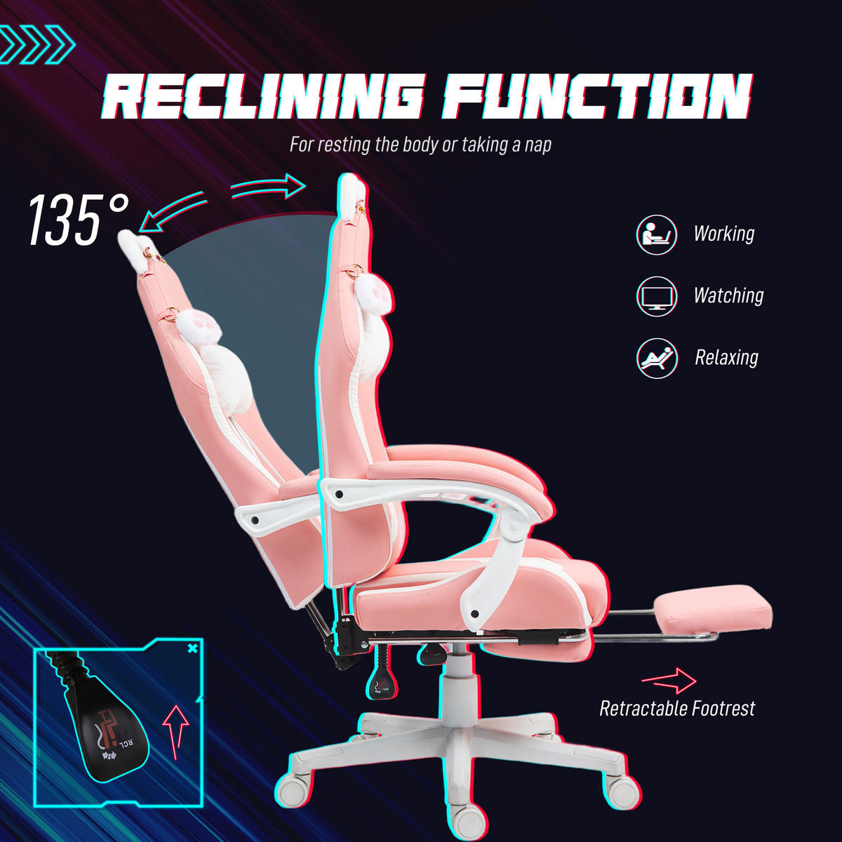 GAMING Stuhl Ergonomischer Gamer Stuhl mit Lendenwirbelstütze, Fußstütze Rosa - Rosa/Weiß, Leder/Kunststoff (62/124/65cm) - HOMCOM