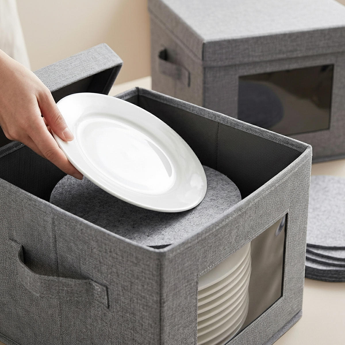 TELLERBOX Grau 2er-Set für Teller bis 28 cm - Grau, Wellpappe/Kunststoff (30.5/20.5/30.5cm) - Relaxdays