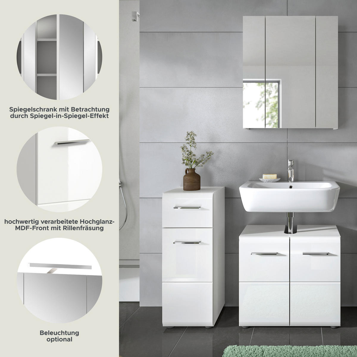 BADKOMBINATION Ice 105x185x30cm weiß Hochglanz MDF 3tlg. - Weiß, Holz (105/185/30cm)