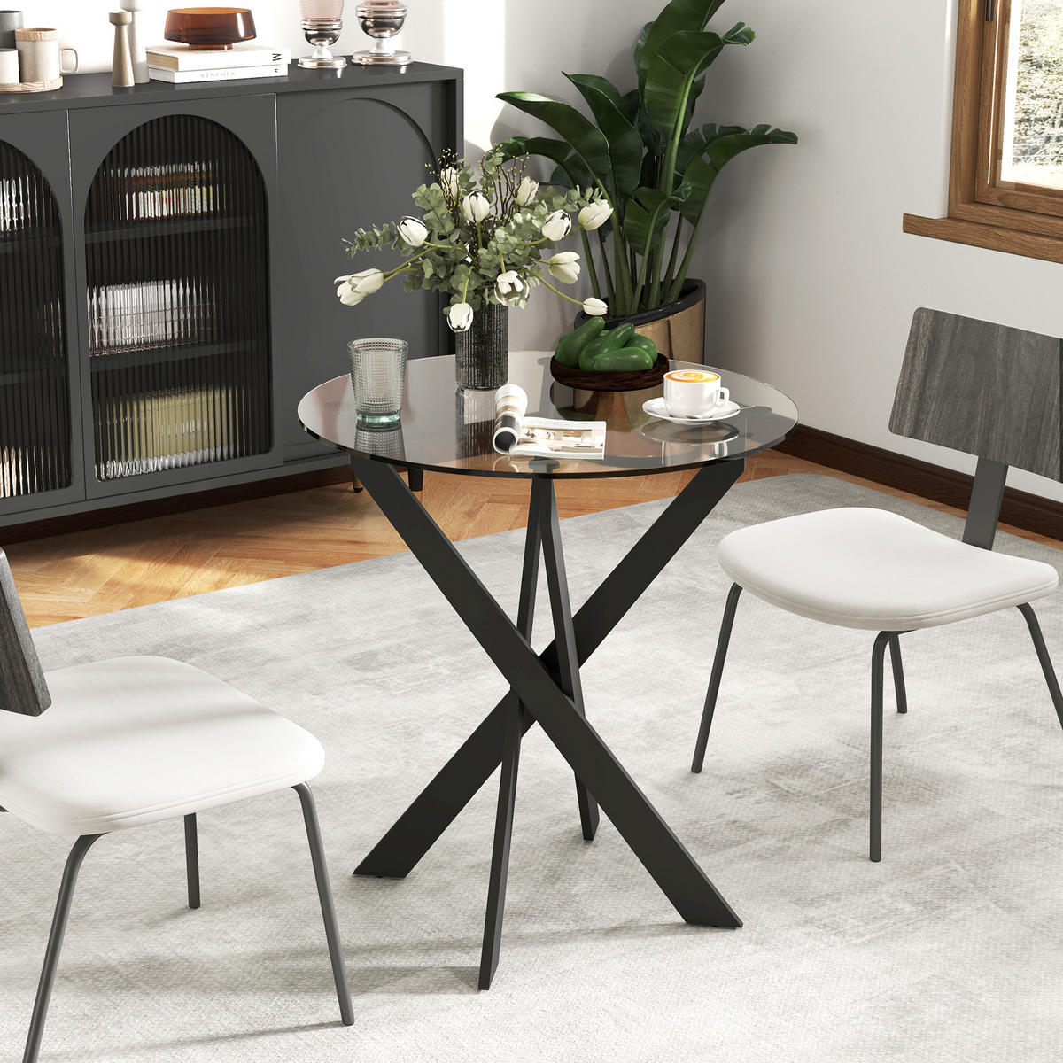 ESSTISCH, Rund Küchentisch für 4 Personen Esszimmertisch mit Stahlbeinen Schwarz - Schwarz, Glas/Metall (70/70/75cm) - HOMCOM