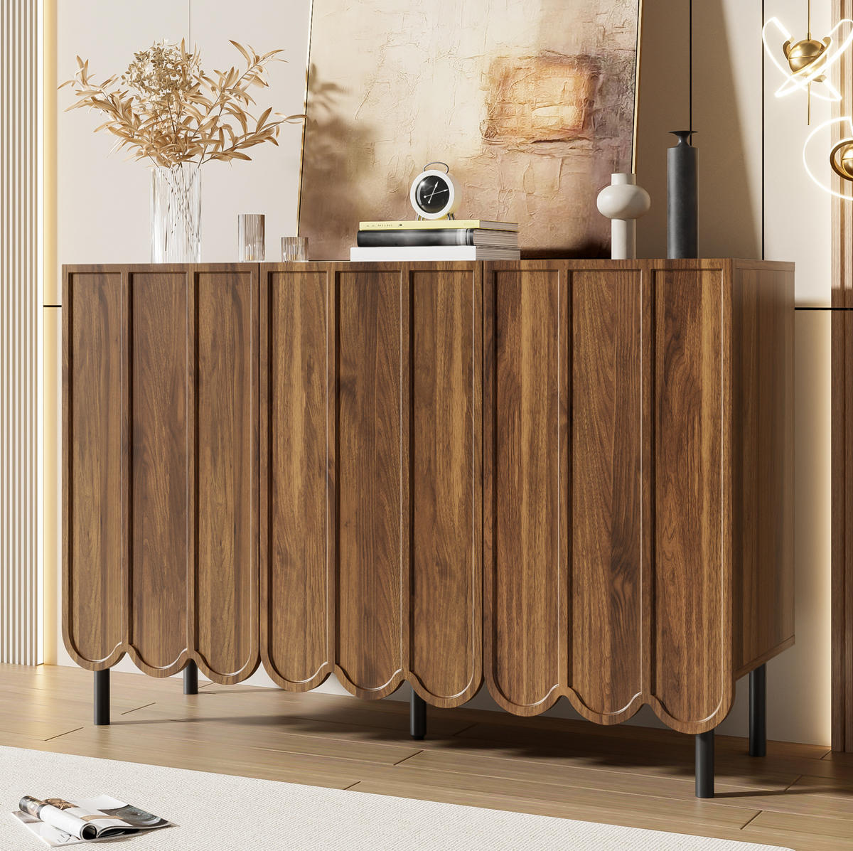 SIDEBOARD 120/35/80 cm in Walnussfarben mit Wellentüren und verstellbaren Regalböden - Naturfarben, Holzwerkstoff (35/80/120cm) - Flora Grace