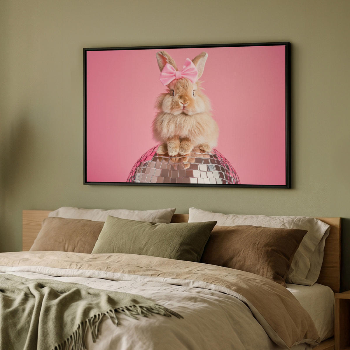 LEINWAND Bilder mit Rahmen - Schleife - Discoball - Kaninchen - 90x60 - Pink, Textil (90/60cm) - MuchoWow