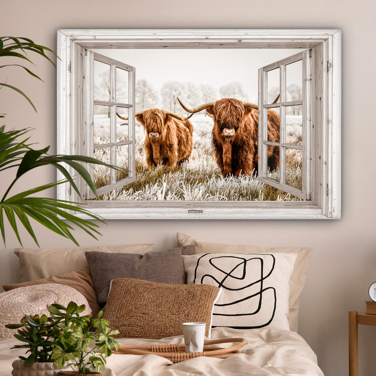 LEINWANDBILD Durchblick - Schottische Highlander - Tiere Wohnzimmer 120x80 cm - Hellbraun, Textil (120/80cm) - MuchoWow