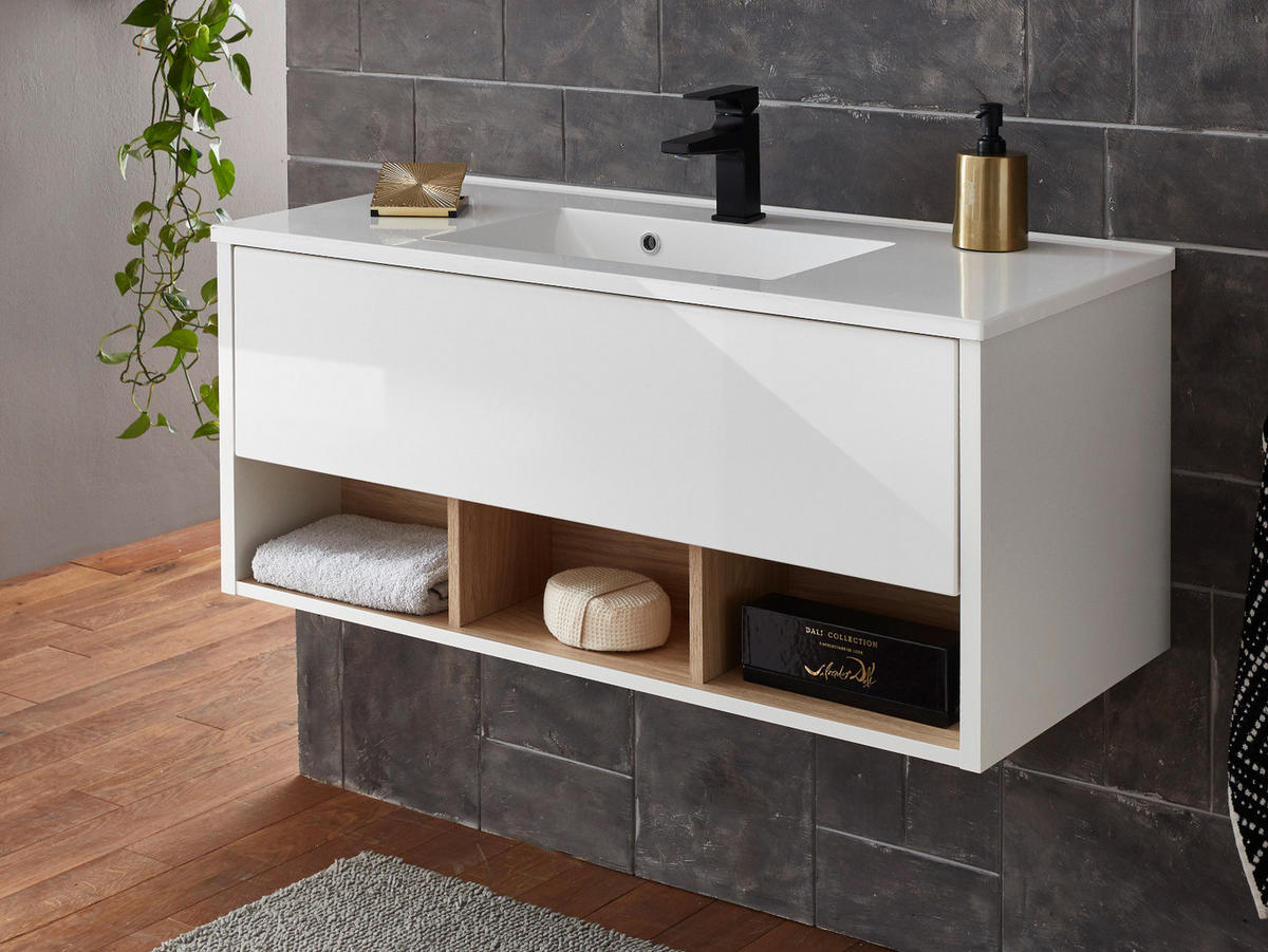 WASCHTISCH weiß Hochglanz und Eiche , Set Waschbeckenunterschrank inklusive Waschbecken, Breite 100 cm - Weiß Hochglanz/Eichefarben, Holzwerkstoff/Metall (100/44/47cm) - Furn.Design