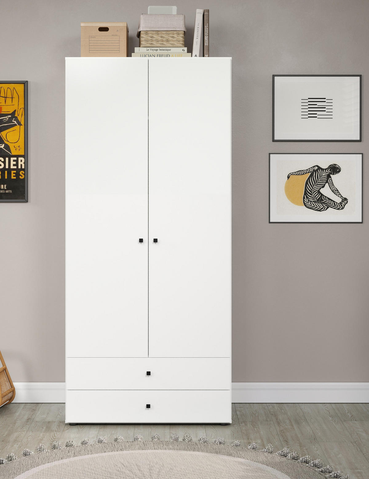 KLEIDERSCHRANK weiß 81 x 176 cm, Drehtürenschrank 2-türig mit Schubalden - Schwarz/Weiß, Holzwerkstoff/Kunststoff (81/176/51cm) - Top.Furn