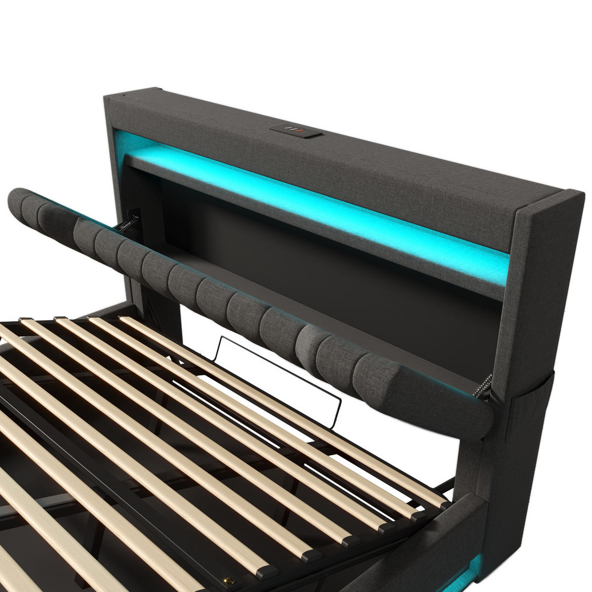 POLSTERBETT 140/200 cm mit LED, USB- und Type-C-Anschluss, Stauraum-Kopfteil und hydraulischem Bettkasten, Leinen, Grau - Grau, Textil (140/200cm) - Redom