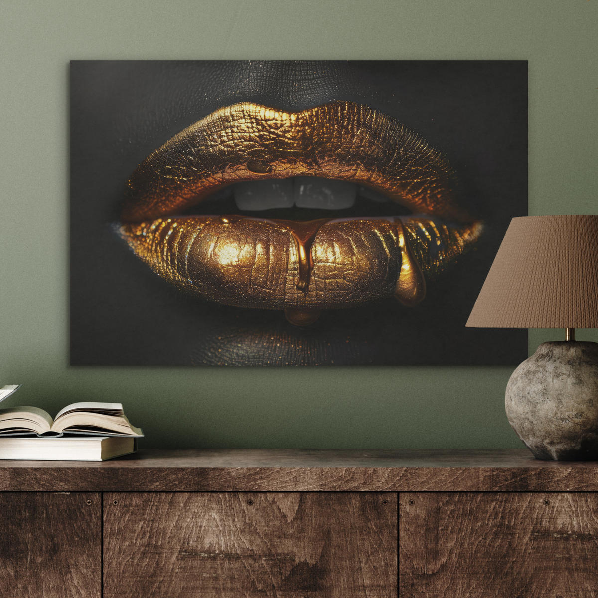 AKUSTIKBILD Frau - Porträt - Lippen - Gold - Schwarz Wanddeko 70x50 cm - Schwarz, Kunststoff (70/50/0.9cm) - MuchoWow