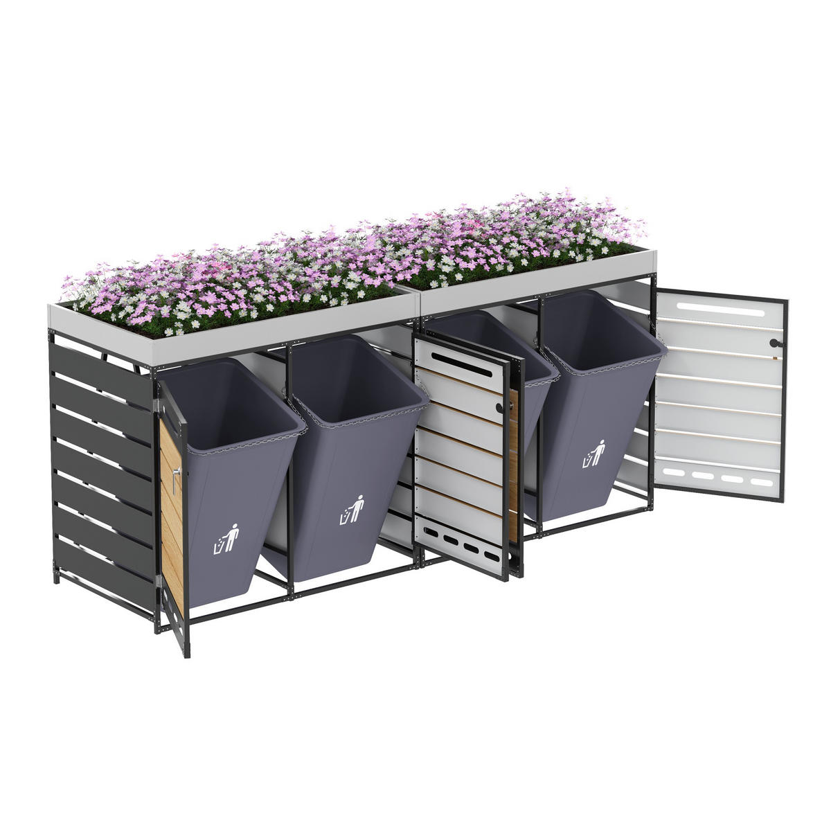 MÜLLTONNENBOX Pflanzkasten Holzoptik horizontal Schloss - Schwarz, Metall (262/120/79cm) - LEBENLANG