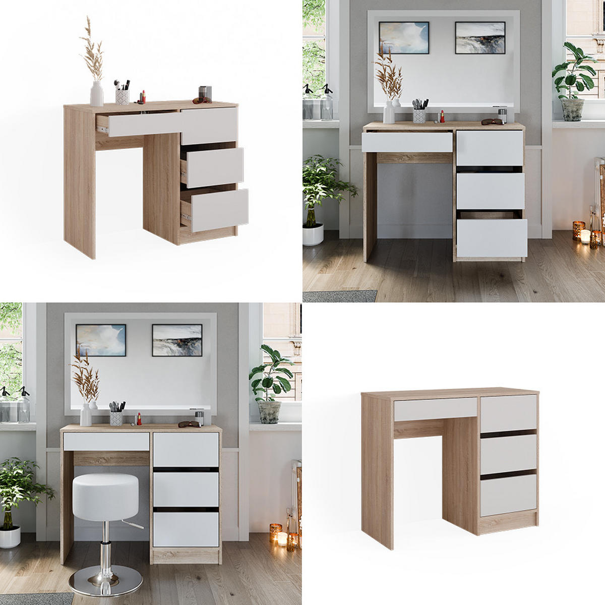 SCHREIBTISCH Sherry Sonoma 90 cm mit 4 Schubladen - Weiß/Sonoma Eiche, Holzwerkstoff (40/90/75cm) - Vicco