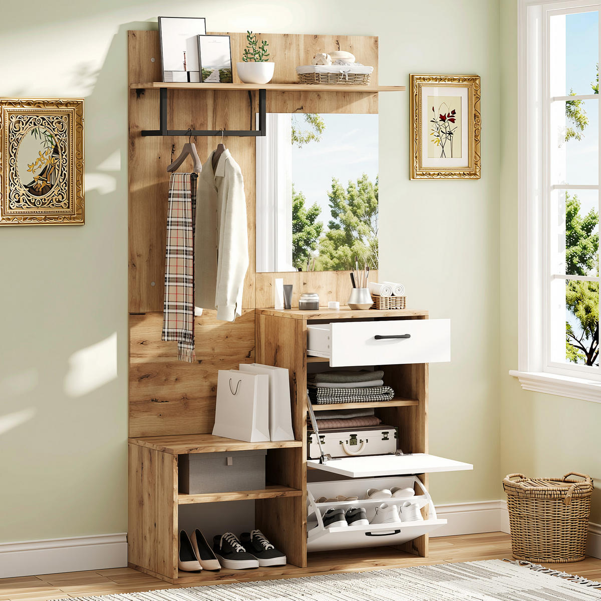 GARDEROBEN-SET 100 cm Weiß Hochglanz & Natur – Kompaktgarderobe mit Spiegel, Schuhbank & Klapptüren - Naturfarben, Holzwerkstoff (100/190/38.5cm) - Urban Meuble