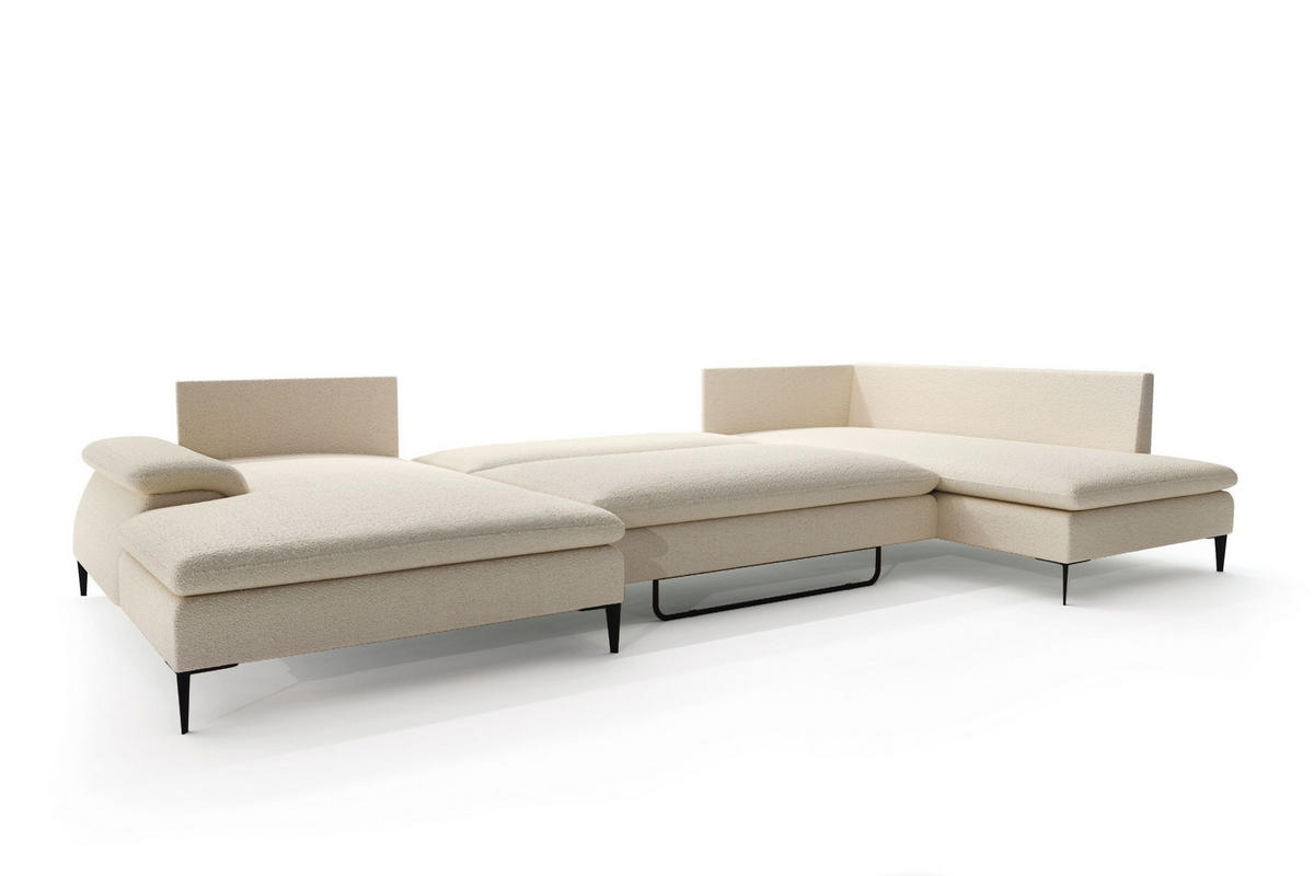 WOHNLANDSCHAFT BREZZA Beige Plüsch-Stoff mit Schlaffunktion - Beige, Holz (350/87/205cm) - MASSENO