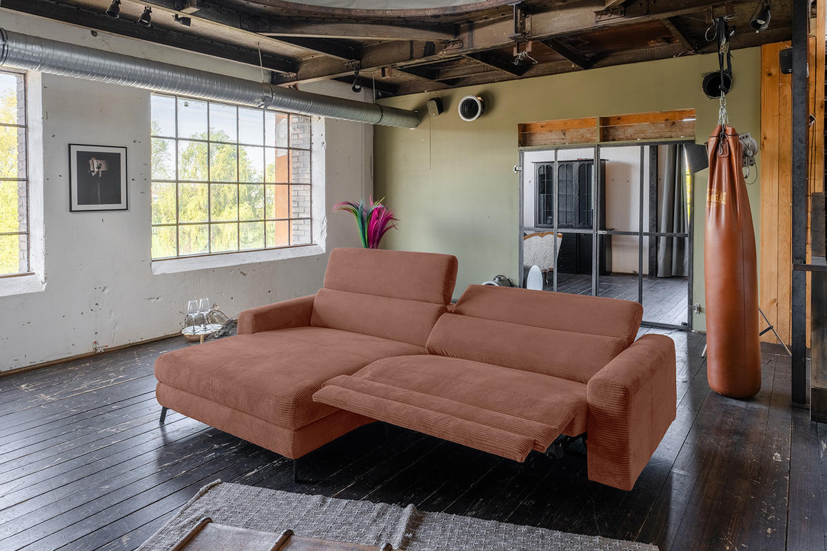 ECKSOFA LAISKA Braun Cord Relaxfunktion - Dunkelbraun/Schwarz, Textil/Metall (282/177cm) - KAWOLA