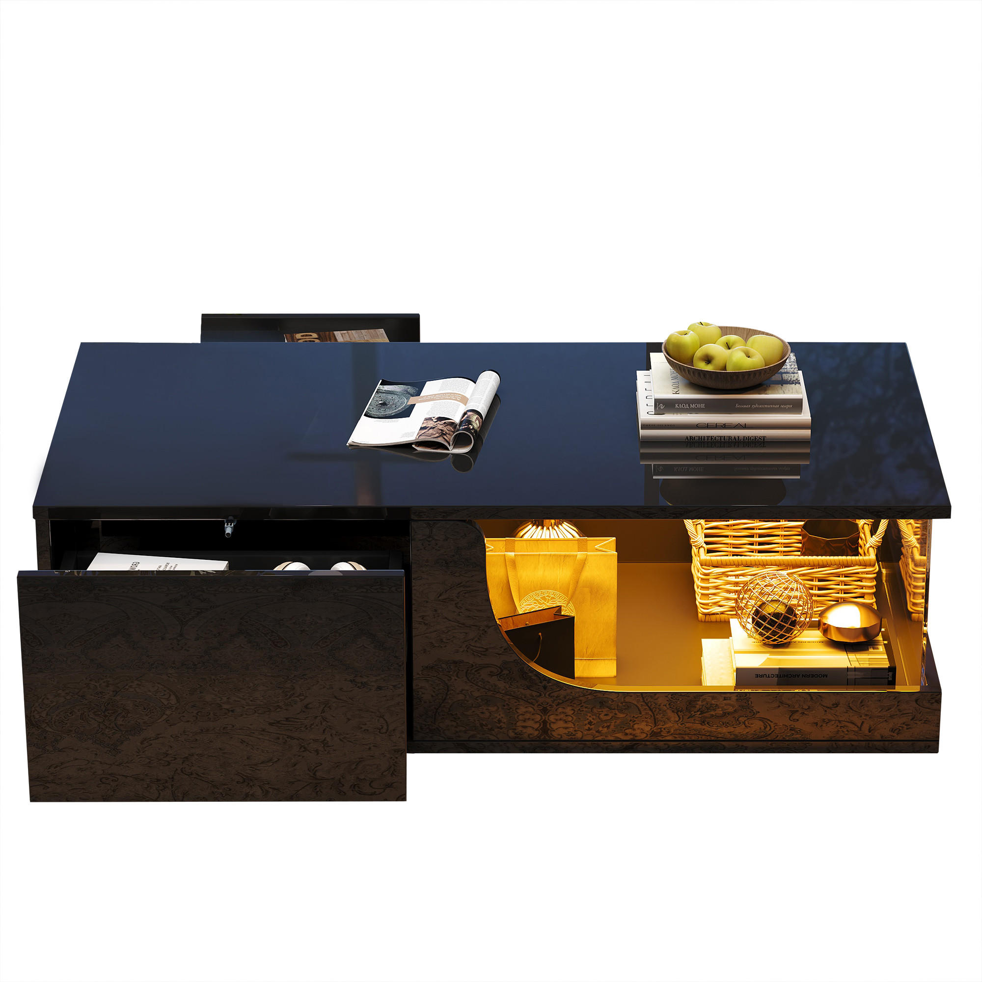 COUCHTISCH LED Schwarz 2 Schubladen Glas 100x50x30cm Hochglanz - Schwarz, Holzwerkstoff (100/50/30cm) - FLIEKS
