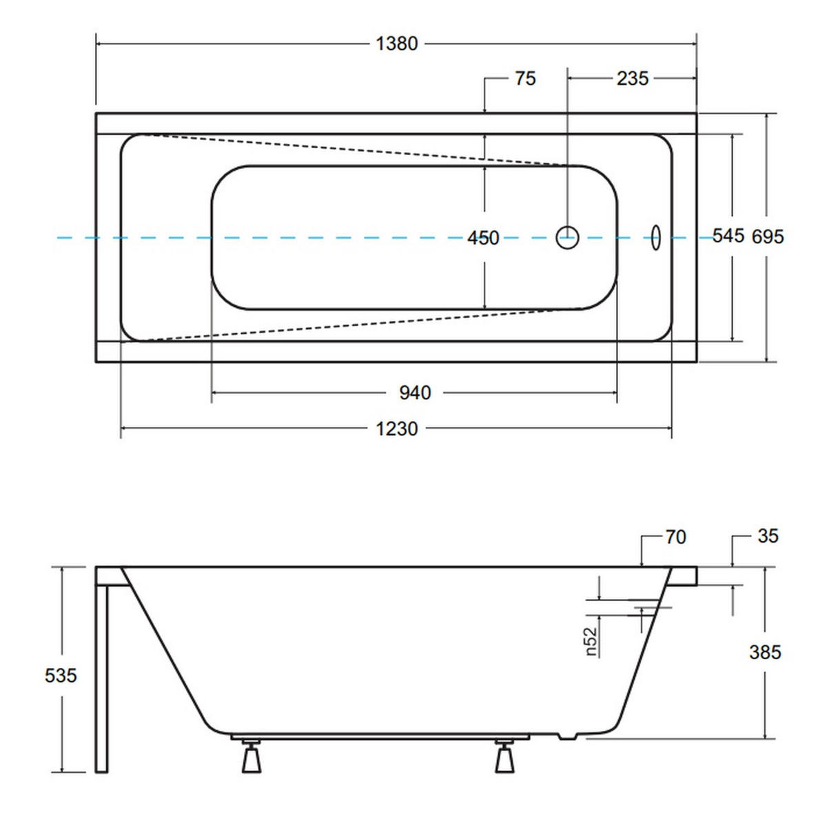 BADEWANNE Rechteck MODERN 140/70 Ablauf & Füße - Weiß, Kunststoff (70/53.5/140cm) - bad land