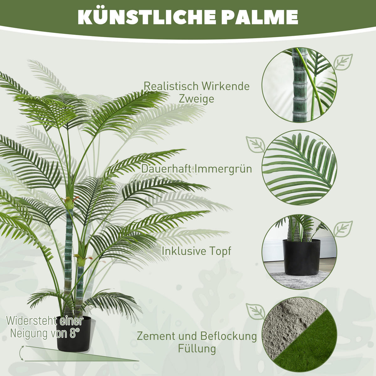 KÜNSTLICHE Palme groß 175 cm Kunstpflanze im Topf mit UV-Schutz für Garten - Schwarz/Grün, Kunststoff (175cm) - HOMCOM