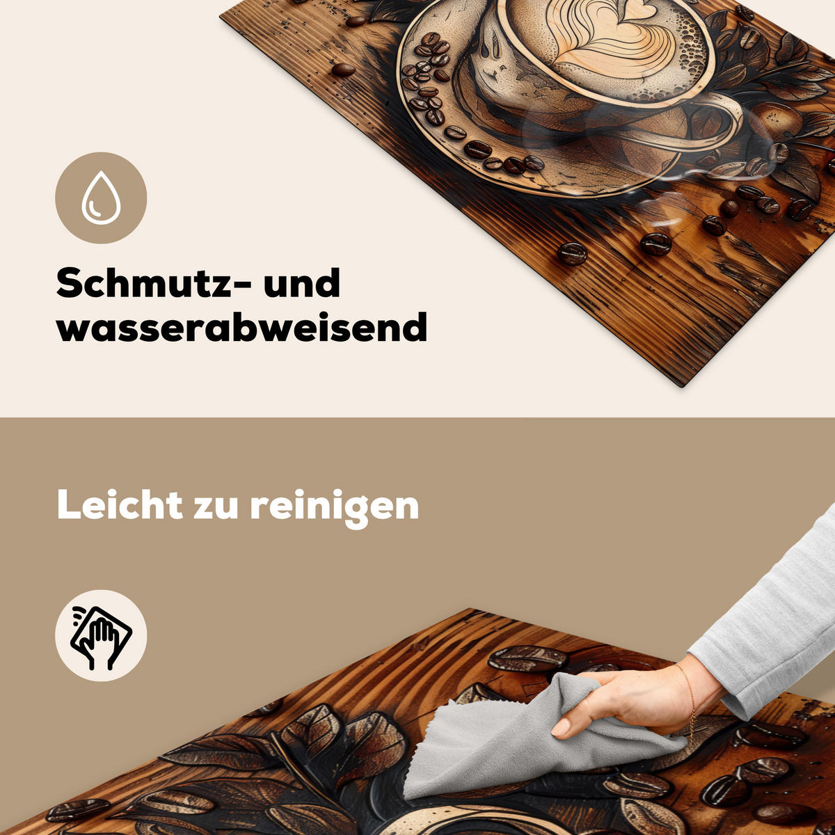 HERDABDECKPLATTE Kaffee - Vintage - Braun - Tasse - Holz Induktionsschutz 91.2x52 cm - Cappuccino, Kunststoff (91.2/52/0.2cm) - MuchoWow