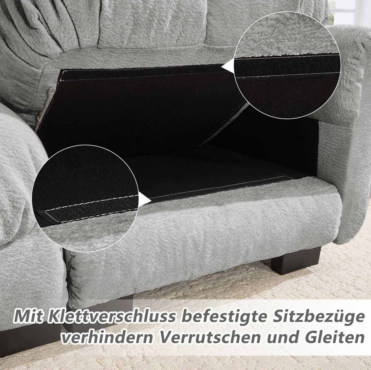 SOFA 260/86/90 cm in Hellgrau aus Chenille mit Steppnaht und Modulsystem - Hellgrau, Textil (86/90/260cm) - Flora Grace