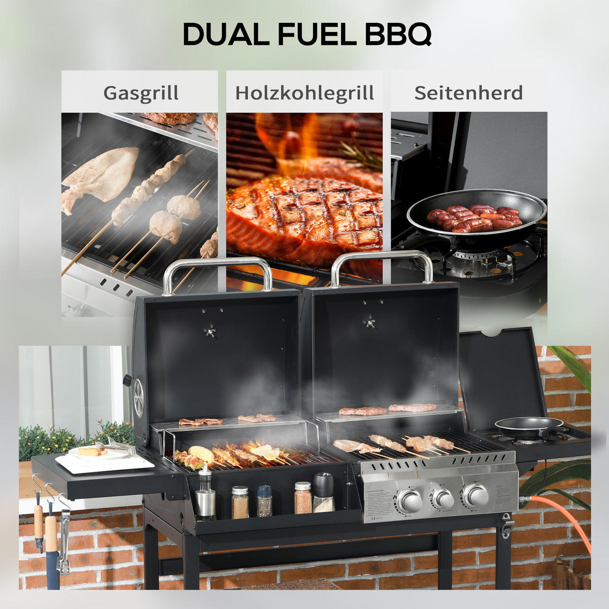GASGRILL mit 2+1 Brenner, Thermometer, 3kW BBQ Holzkohlgrill mit Regal - Schwarz, Metall (53/101/161cm) - Outsunny