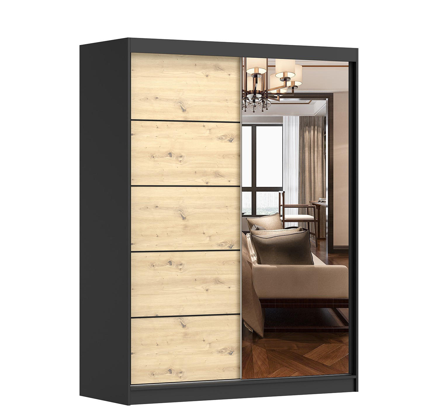 SCHWEBETÜRENSCHRANK Vista 05 (ARTISAN) Schwarz/Artisan Eiche, ohne LED Beleuchtung 150 cm - Schwarz/Eiche Artisan, Glas/Holzwerkstoff (150/200/61cm) - imoebel24