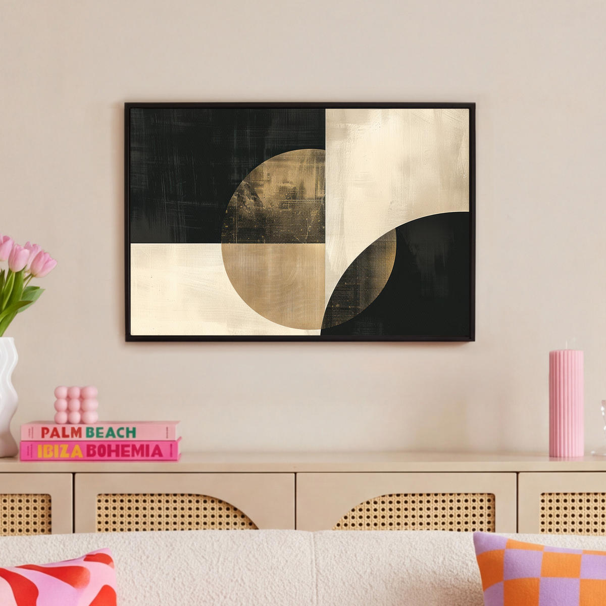 LEINWAND Bilder mit Rahmen - Abstrakt - Geometrische Formen - Schwarz - Gold - 60x40 - Ecru, Textil (60/40cm) - MuchoWow