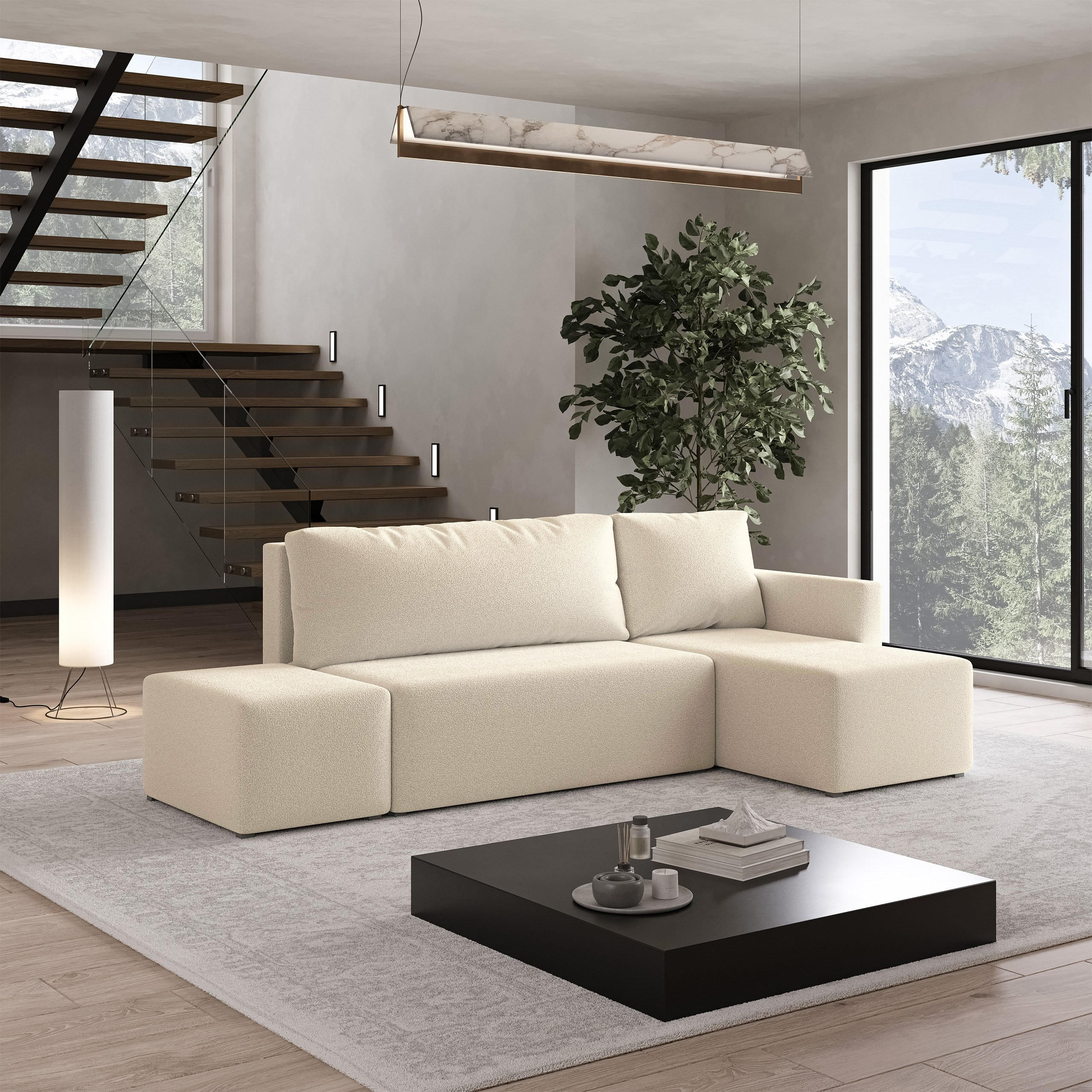 ECKSOFA VELOTTI R-S Creme Boucle-Stoff mit Schlaffunktion - Creme, Holz (261/143cm) - MASSENO