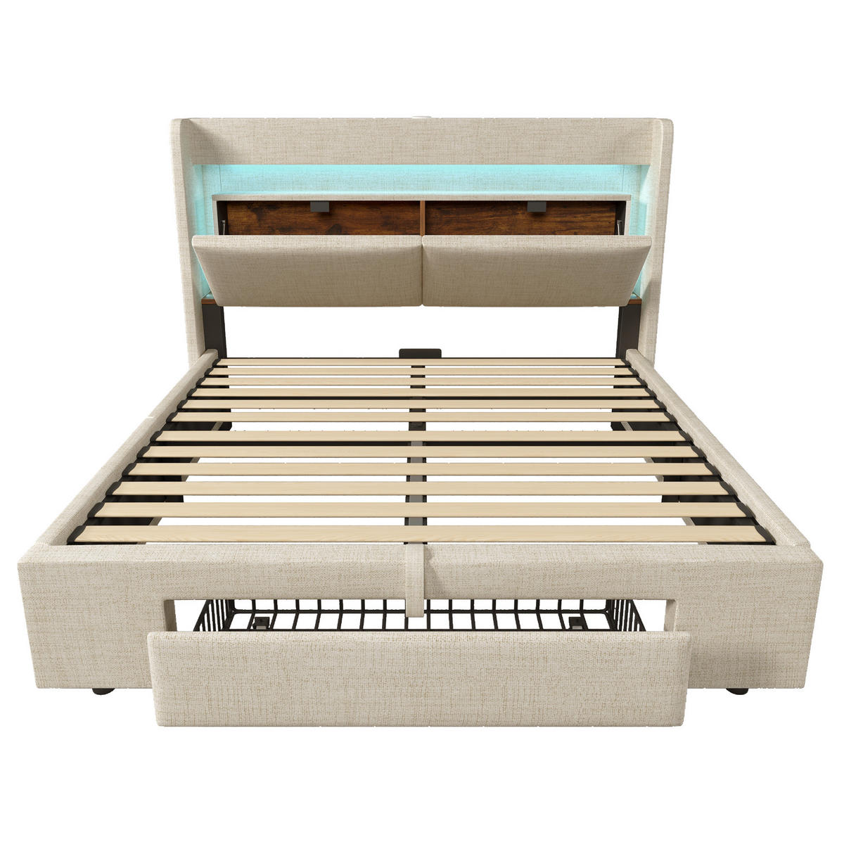 POLSTERBETT 160/200 cm aus Leinen mit LED, USB/USB-C, hydraulischem Stauraum und Kopfteil mit Ablagen und Matratze, Beige - Beige, Textil (160/200cm) - Redom