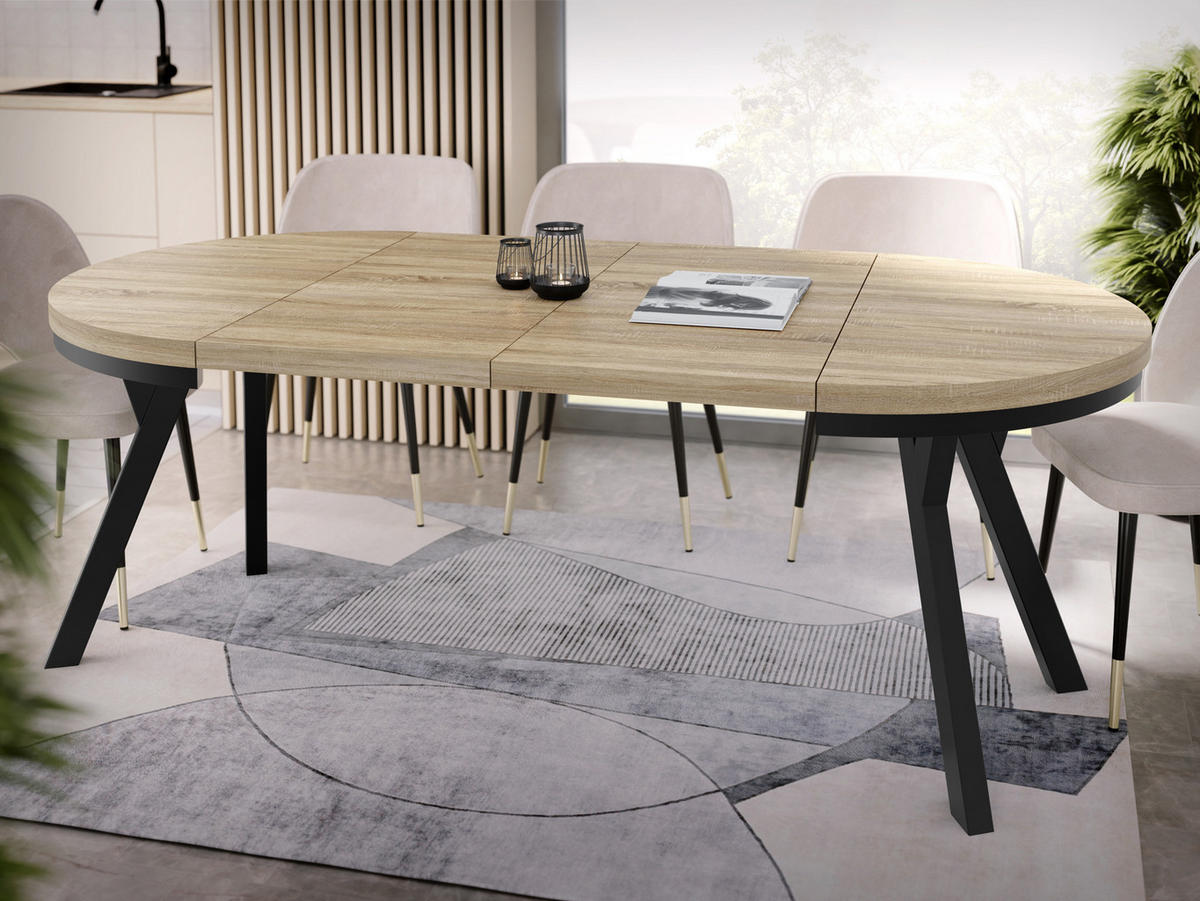 ESSTISCH Lume runder ausziehbarer, Sonoma Eiche 90-170/90/76 cm - Schwarz/Sonoma Eiche, Holz/Holzwerkstoff (90/90/76cm) - WFL GROUP