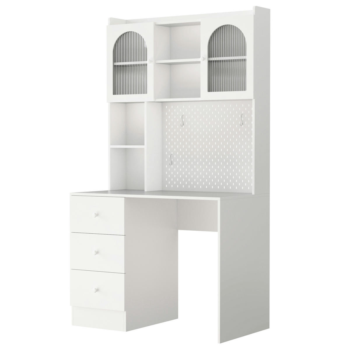 SCHREIBTISCH Weiß Multifunktional mit Schrank Pinnwand Vitrine & 3 Schubladen - Weiß, Holzwerkstoff (100/180/55cm) - Urban Meuble
