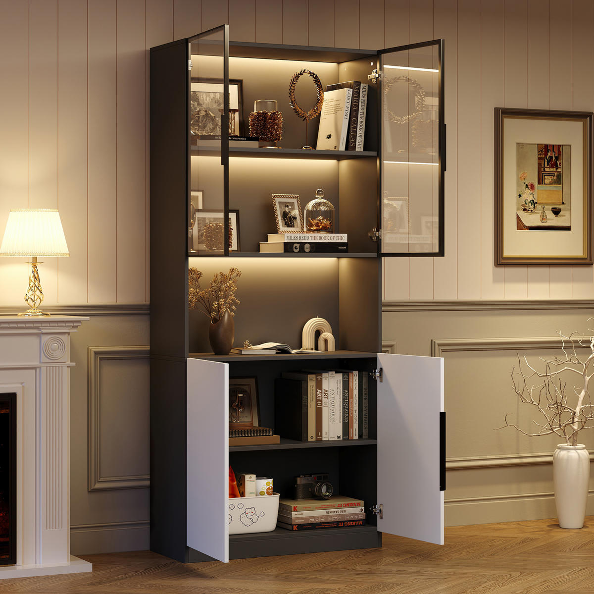 VITRINE 80/30/200 cm in Weiß mit Glastüren und LED-Beleuchtung - Weiß, Holzwerkstoff (80/200/30cm) - Flora Grace