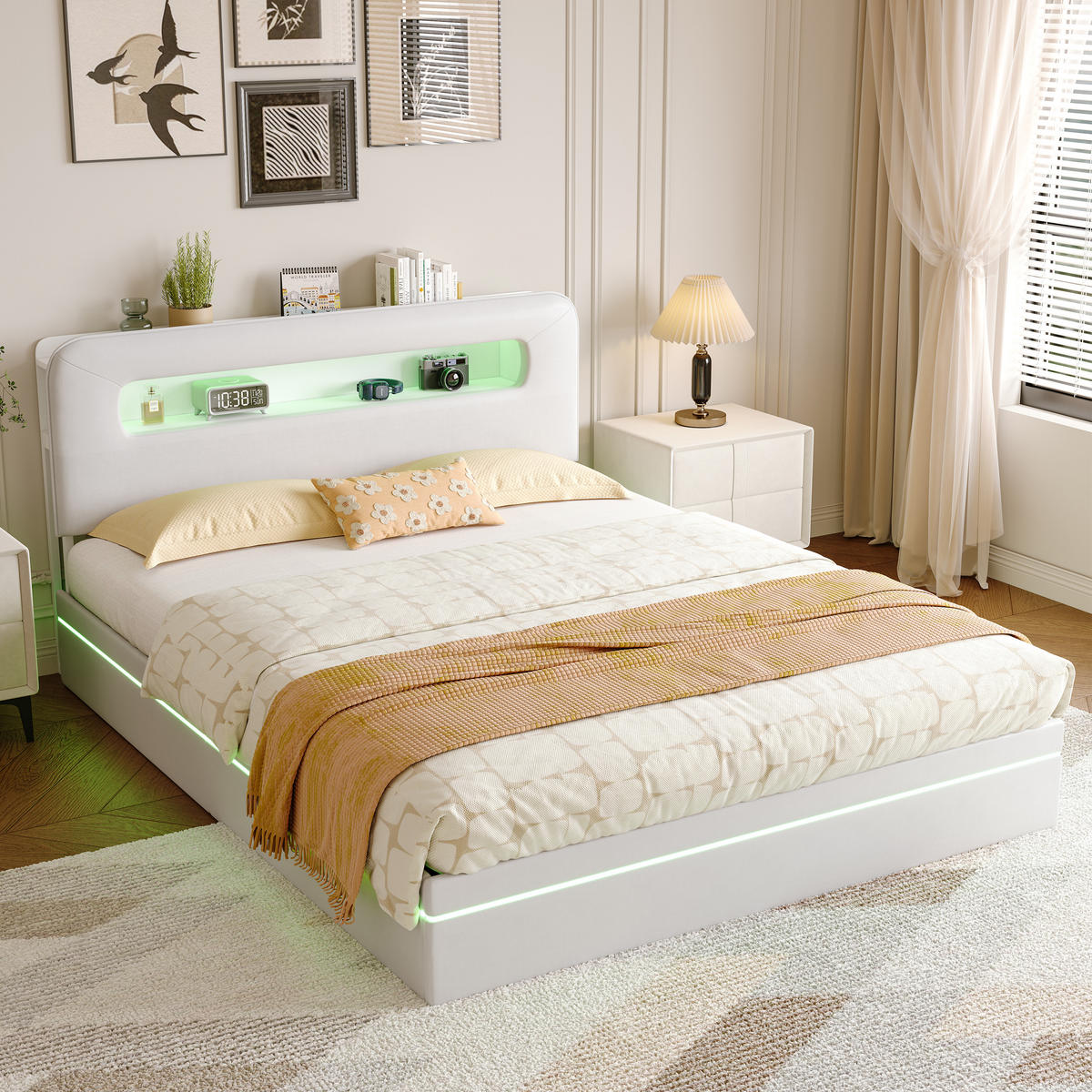 POLSTERBETT 140x200 cm LED Stauraum Lattenrost Ablagefach Samt beige - Weiß, Holz (140/200cm) - LEBENLANG