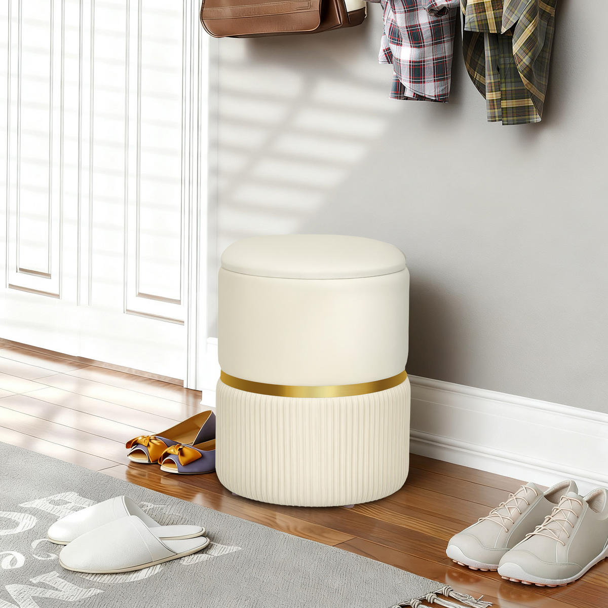 POUF DE-16435 mit Stauraum und Rippenvelours Beige - Beige, Textil (36/44/36cm) - ComfortXL
