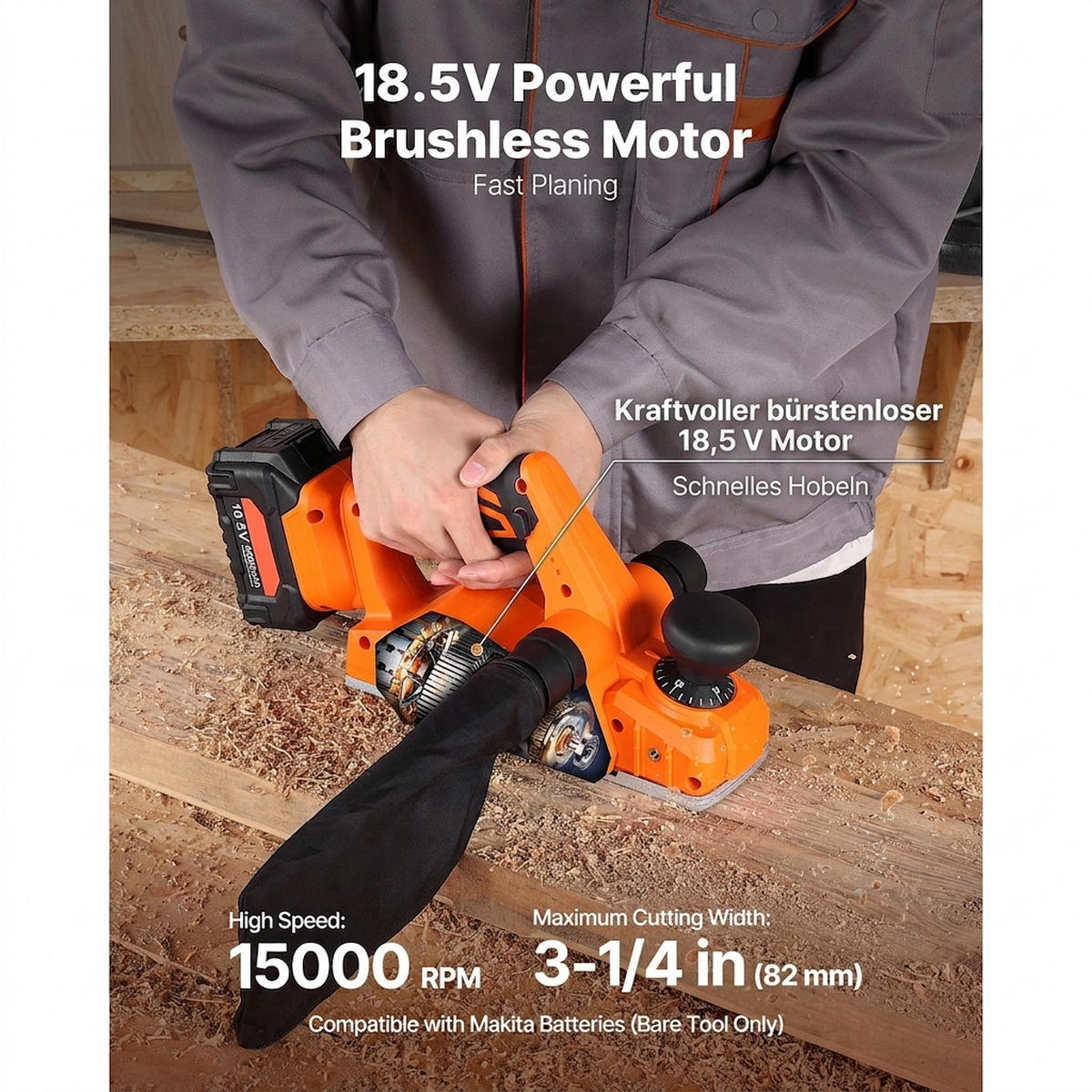 HOBEL Akku-Hobel 82mm 15000U/min Bürstenloser-Motor 18V-Kompatibel Einstellbar - Orange, Metall (10/10/10cm) - Raelunyi