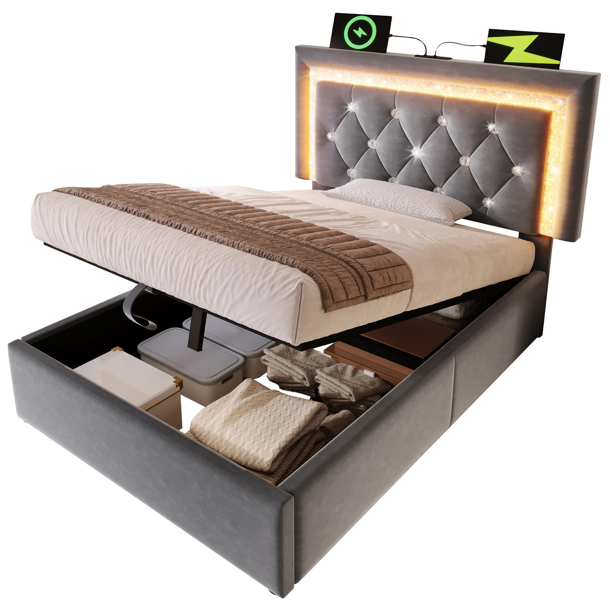 POLSTERBETT 90/200 cm aus Samt mit LED-Kopfteil USB Typ-C und Bettkasten Grau - Grau, Textil (90/200cm) - Modenvie