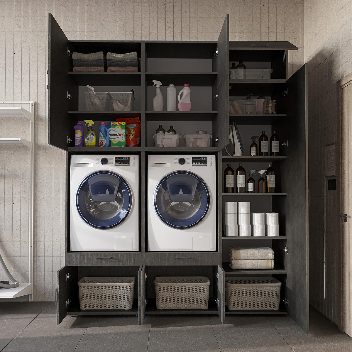 WASCHMASCHINENSCHRANK Serie 3 194cm Breit, 240cm Hoch - Schwarz, Holzwerkstoff (194/240/67cm)