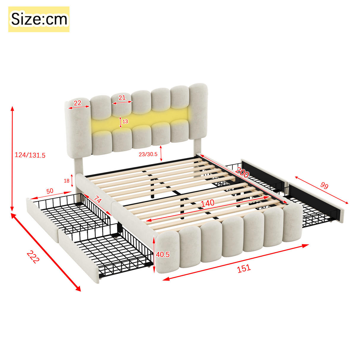 SAMT-POLSTERBETT 140/200 cm mit LED-Beleuchtung, USB und 4 Schubladen - Beige, Textil (140/200cm) - BEAOK