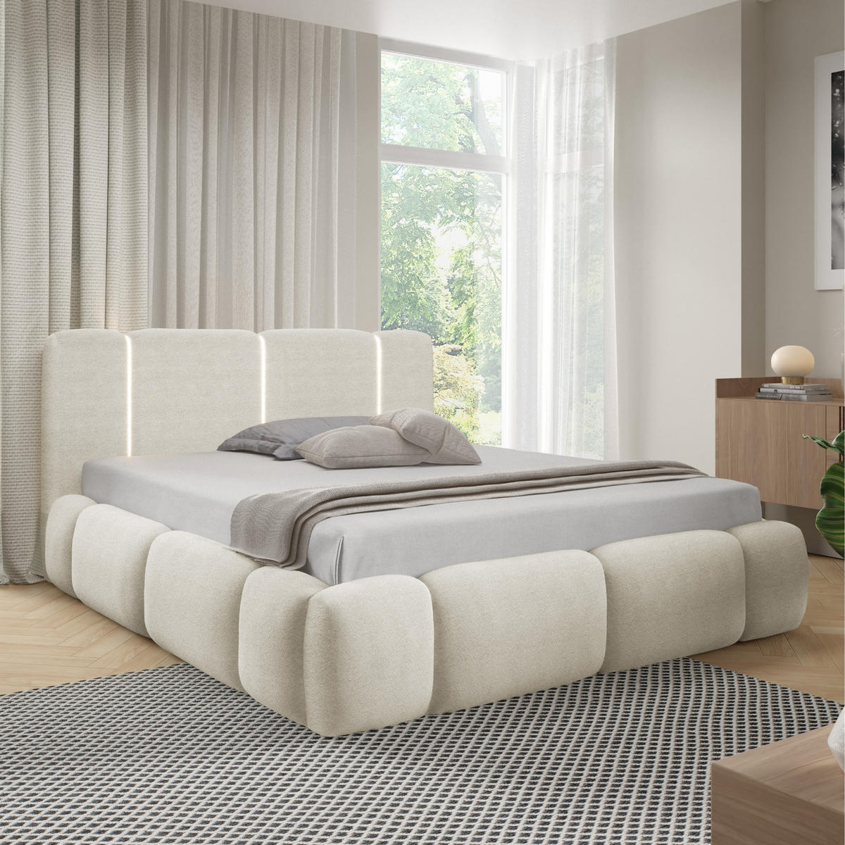 POLSTERBETT mit Stauraum und LED-Beleuchtung 140x200 cm in Creme - Creme, Metall (140/200cm) - Home Collective