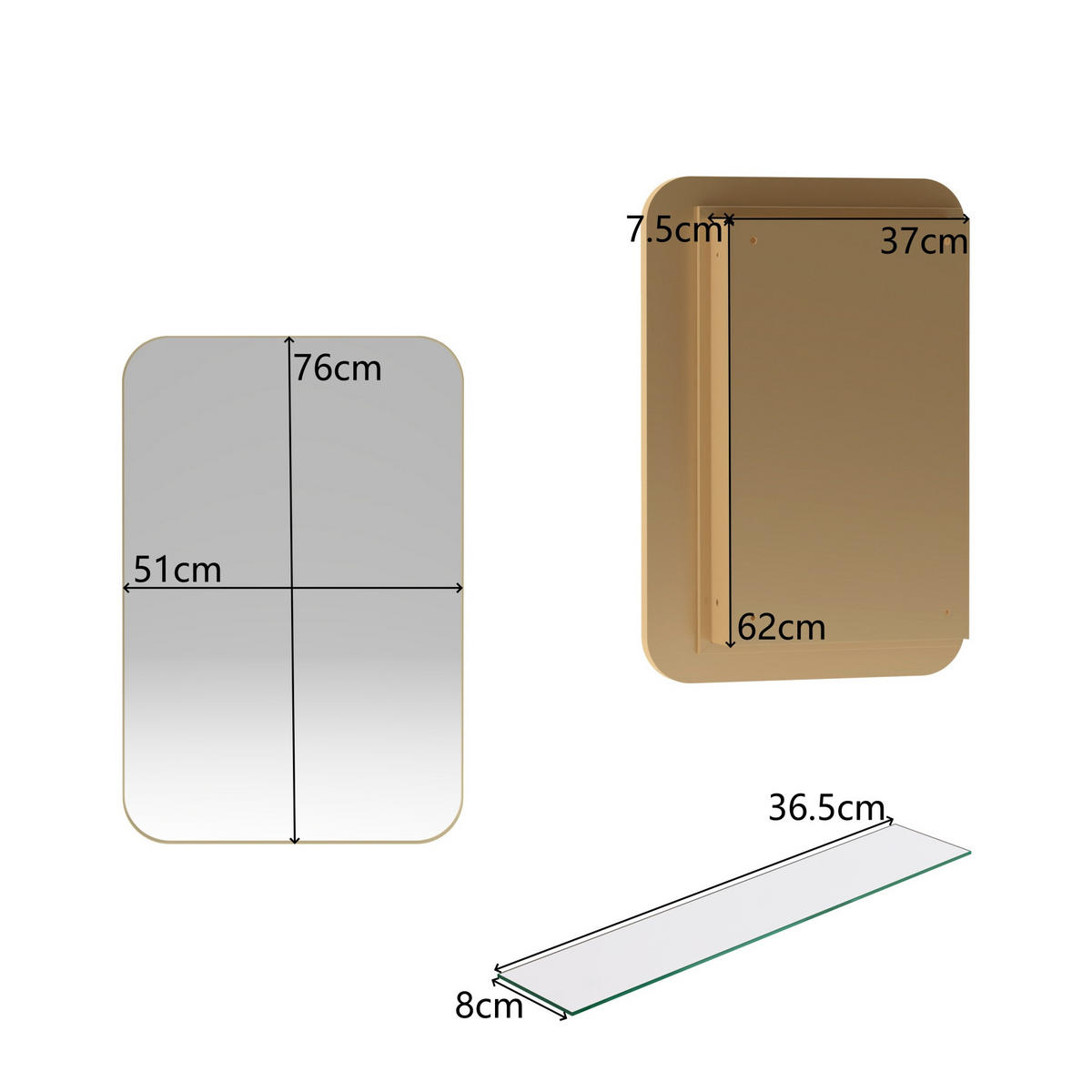 SPIEGELSCHRANK 76x51x12cm Gold mit Aufbewahrung - Wandspiegel für Badezimmer - Goldfarben, Glas (76/12/51cm) - Modfu
