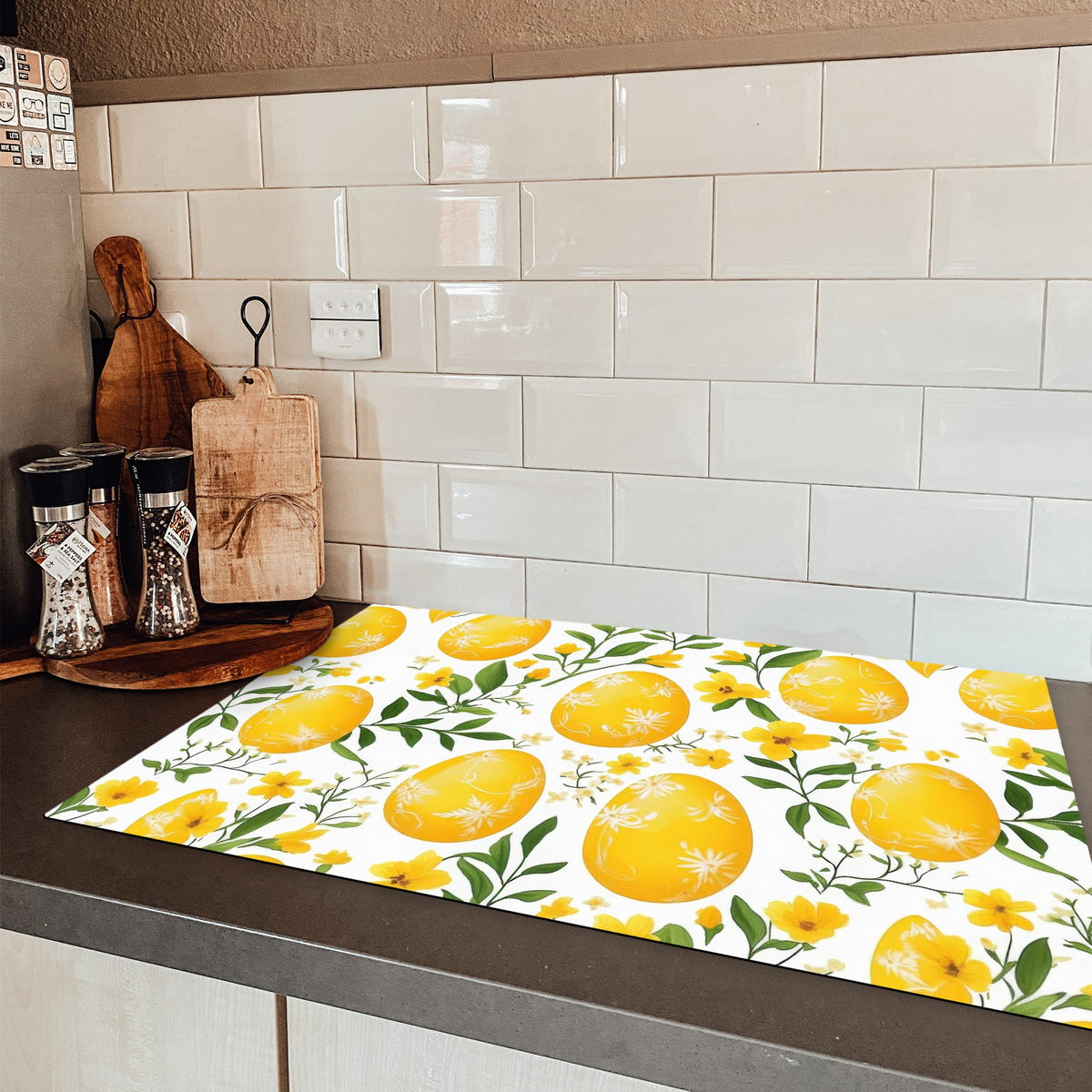 HERDABDECKPLATTE Blumen - Ostereier - Gelb Ceranfeldabdeckung 80x52 cm - Gelb, Kunststoff (80/52/0.2cm) - MuchoWow