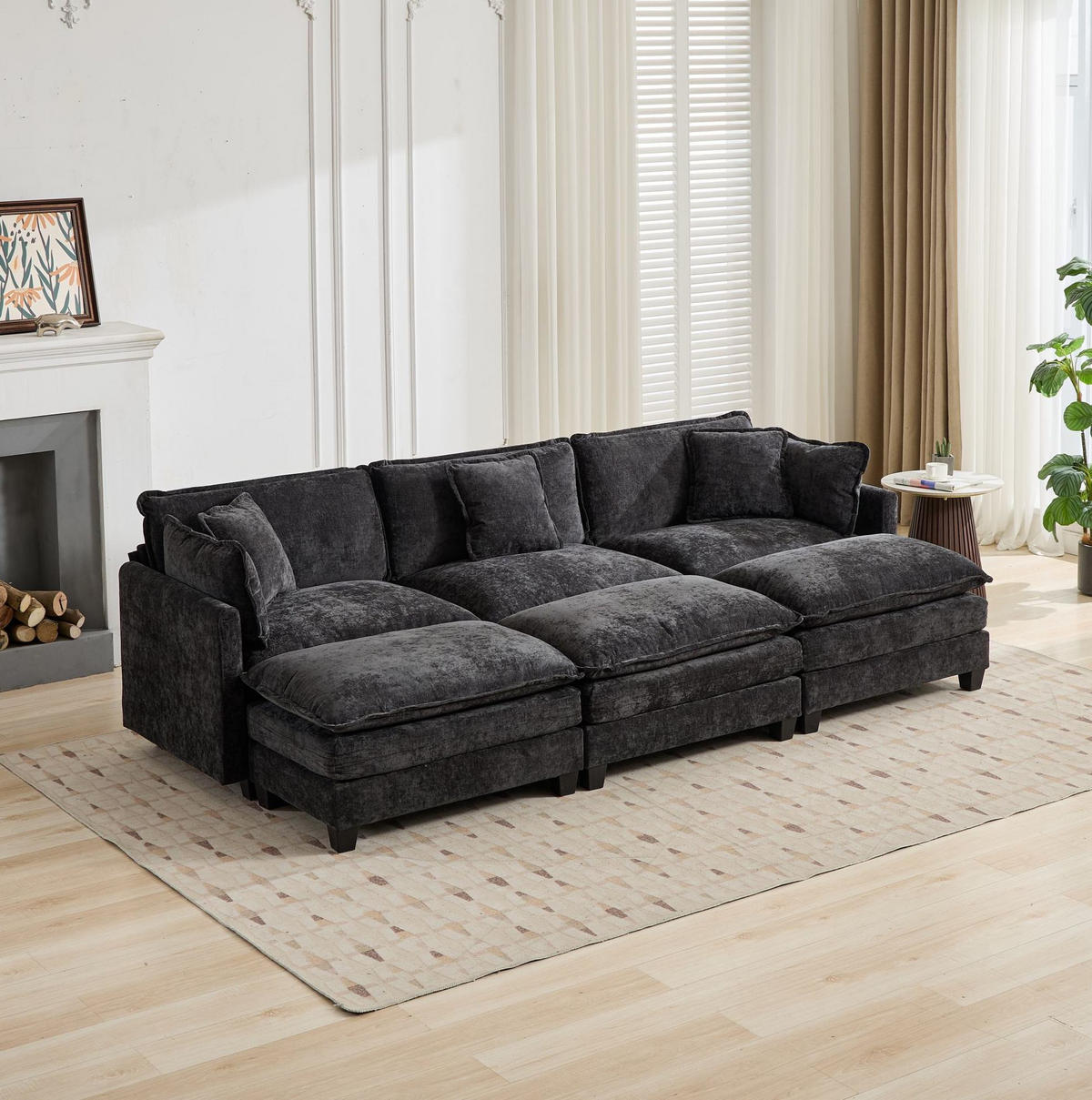 SOFA modular 3-Sitzer Chenille Schwarz - Schwarz, Holz (75/84/289cm) - Meubliv