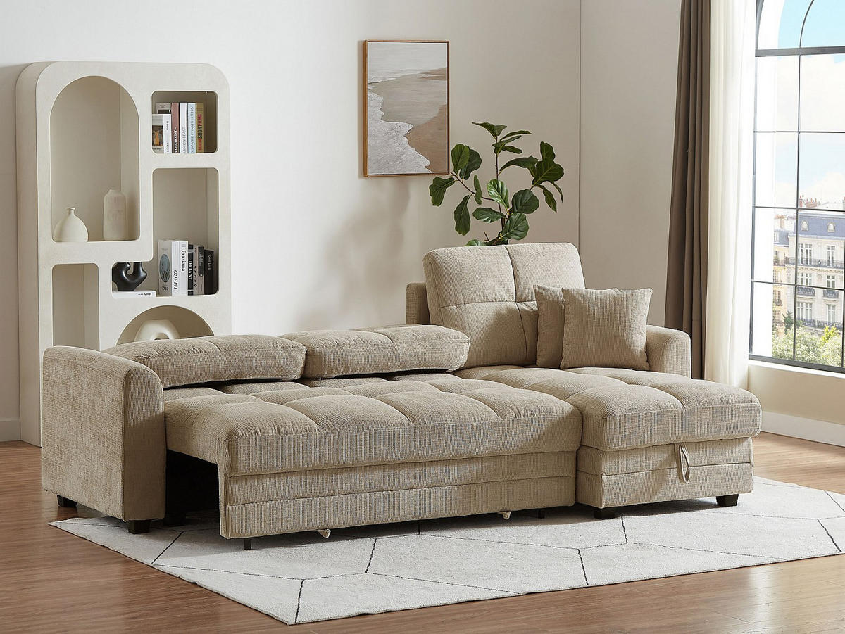 ECKSOFA mit Schlaffunktion & Ecke wechselbar - Chenille-Stoff - Beige - LUMARIO - Beige, Textil (260/155cm) - Vente-Unique