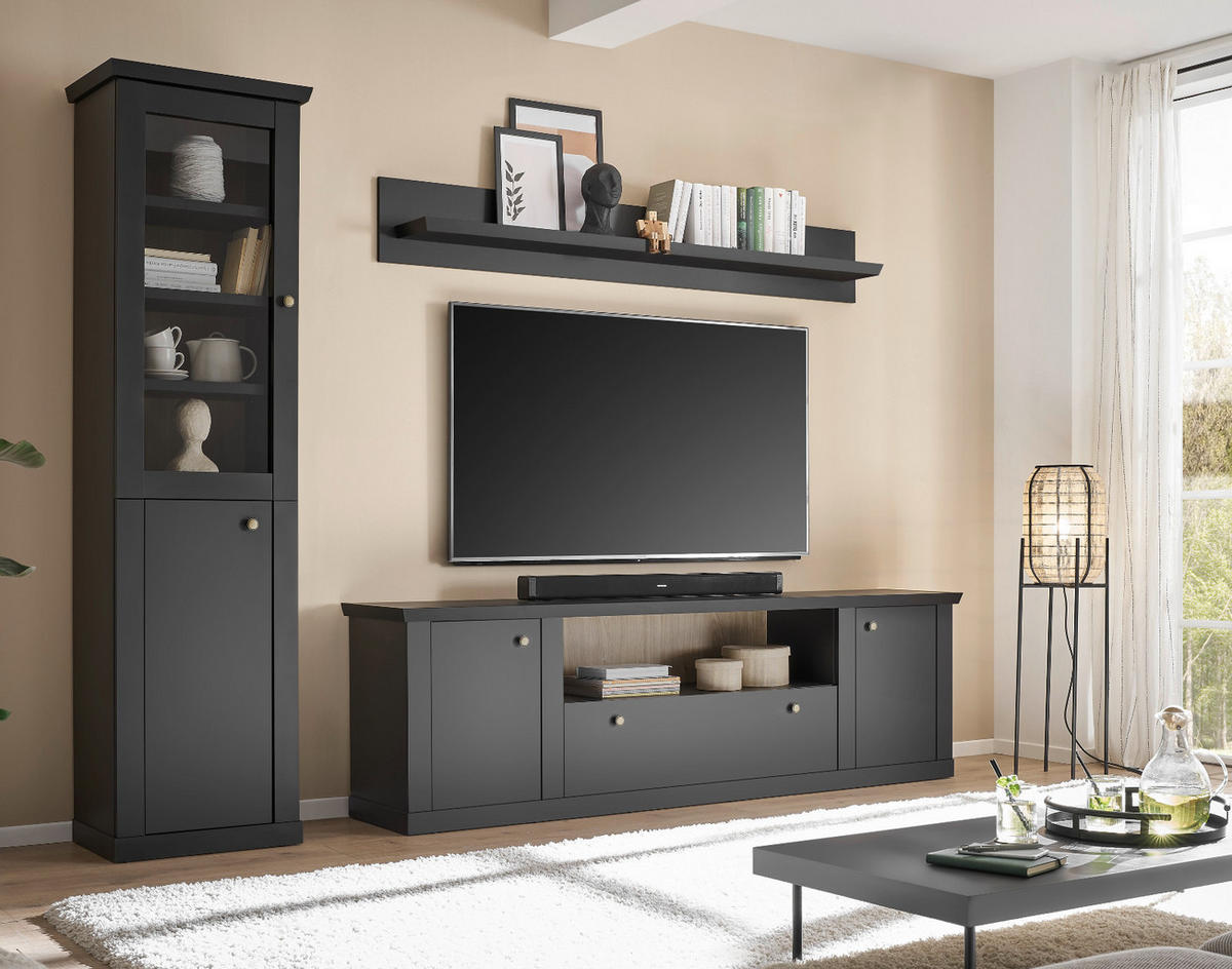 WOHNWAND schwarz matt, Eiche 3-teilig 270 cm, Wohnkombination mit Soft-Close - Eichefarben/Messingfarben, Glas/Holzwerkstoff (270/200/42cm) - Furn.Design