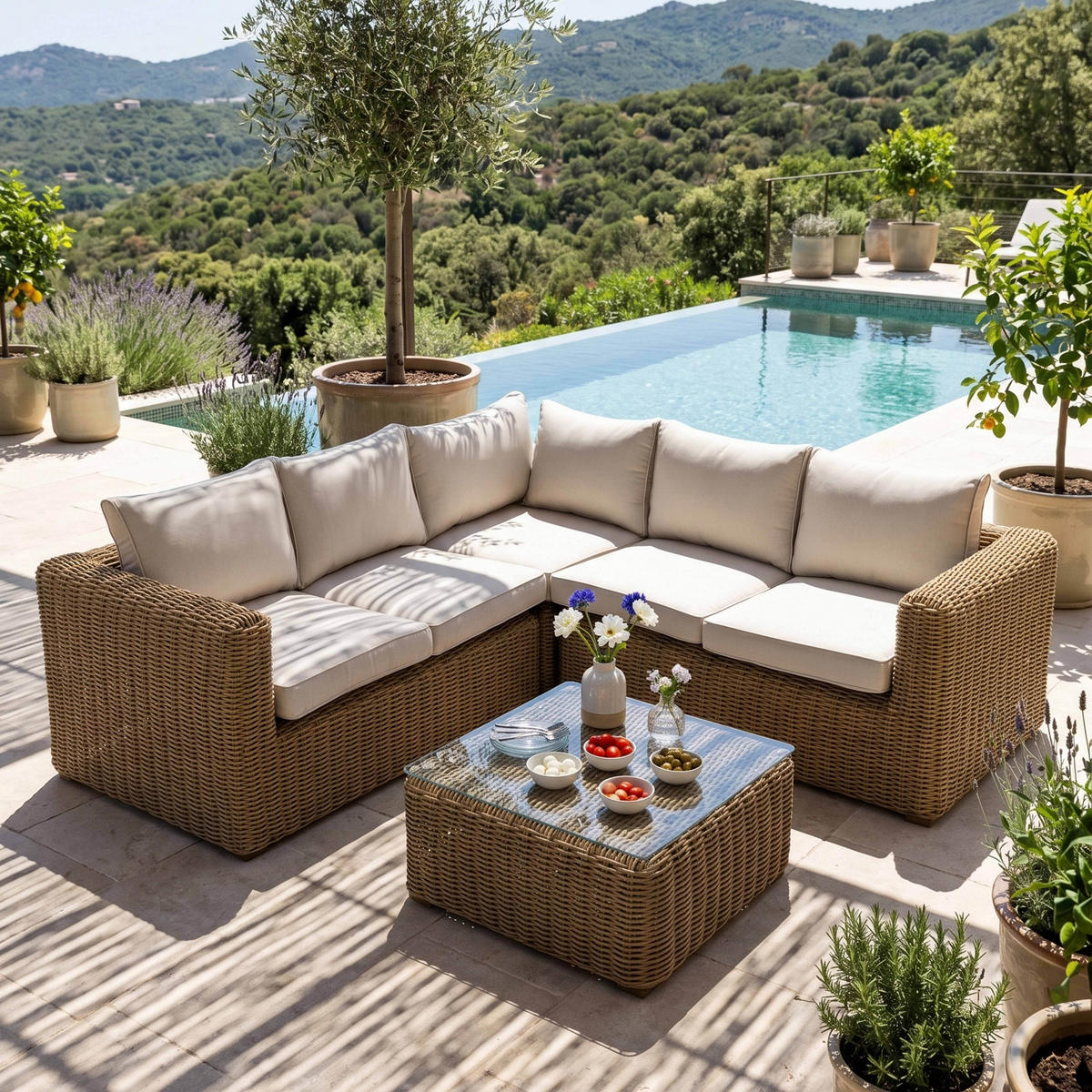GARTEN-LOUNGEGARNITUR 6-Sitzer, Weiß - Weiß, Naturmaterialien - Oviala