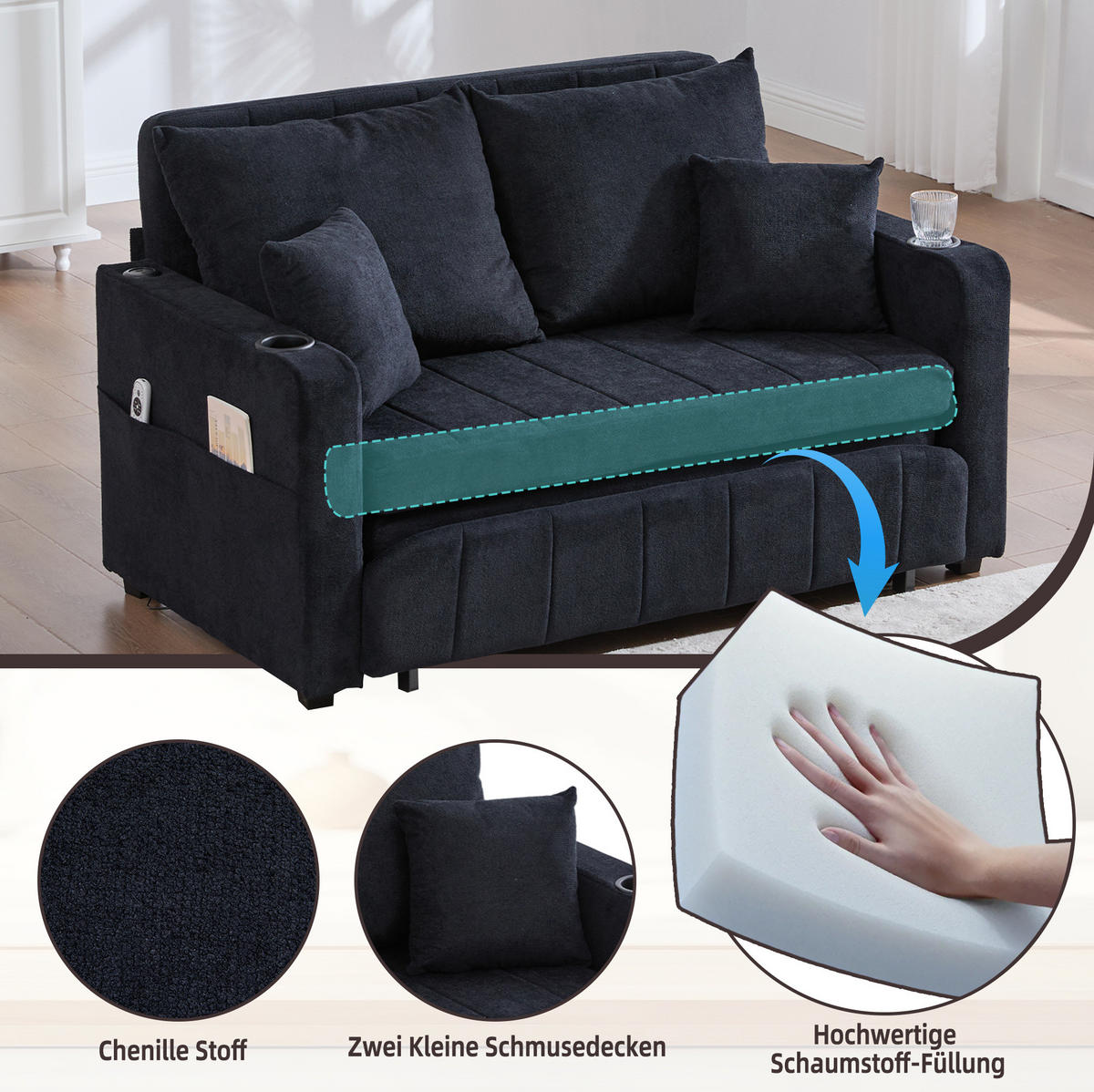 SCHLAFSOFA 139/83/58 cm ausziehbar mit Schlaffunktion und Seitentaschen, Schwarz - Schwarz, Textil (139/83/73cm) - Redom