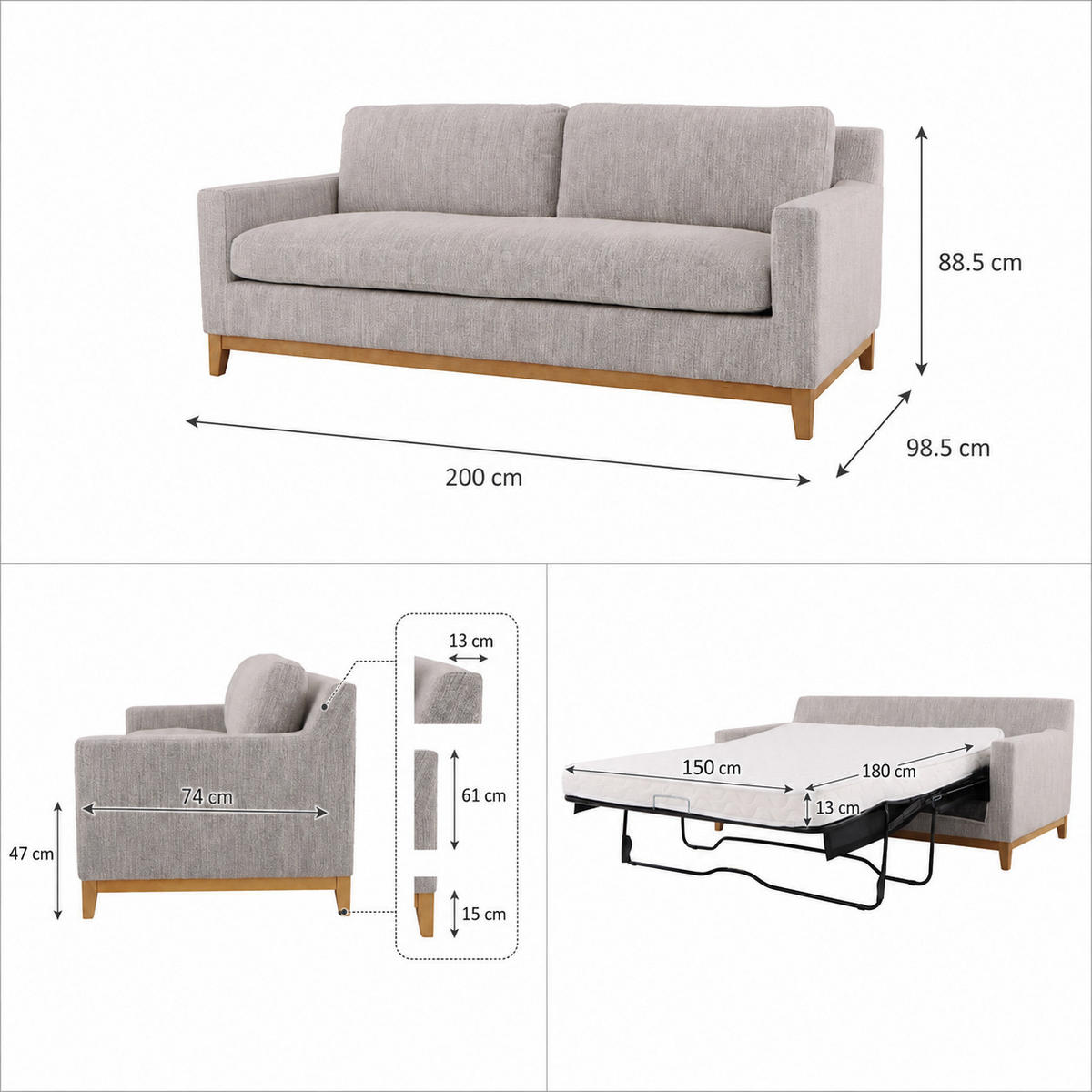 SCHLAFSOFA Tommy, Natur Massiveiche + hellgrauer Stoff - Grau, Holz (200/88.5/98.5cm) - WOODEK