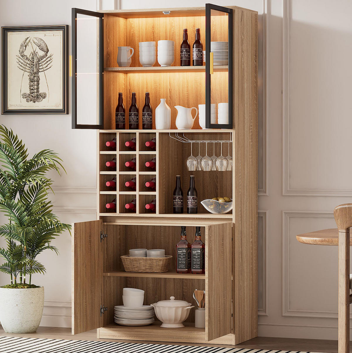 VITRINE Organizer 80x40x180 cm Naturfarben mit Glastüren & LED-Lichtleiste - Naturfarben, Holzwerkstoff (80/180/40cm) - Modfu
