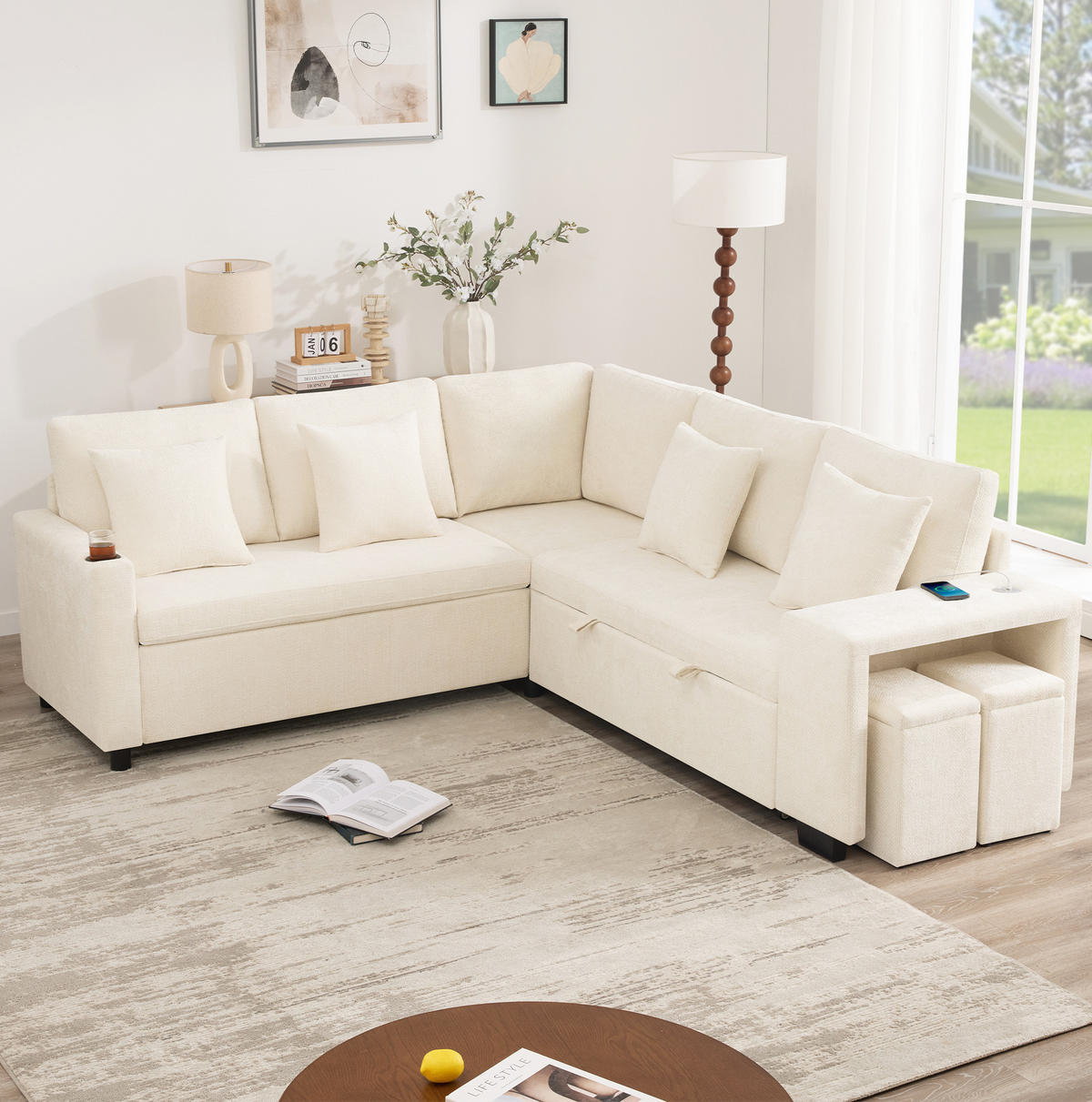 ECKSOFA 220/205/86,5 cm mit Schlaffunktion, Stauraum, Chenille-Bezug, USB- und USB-C-Anschluss, Beige - Beige, Textil (220/205cm) - Redom