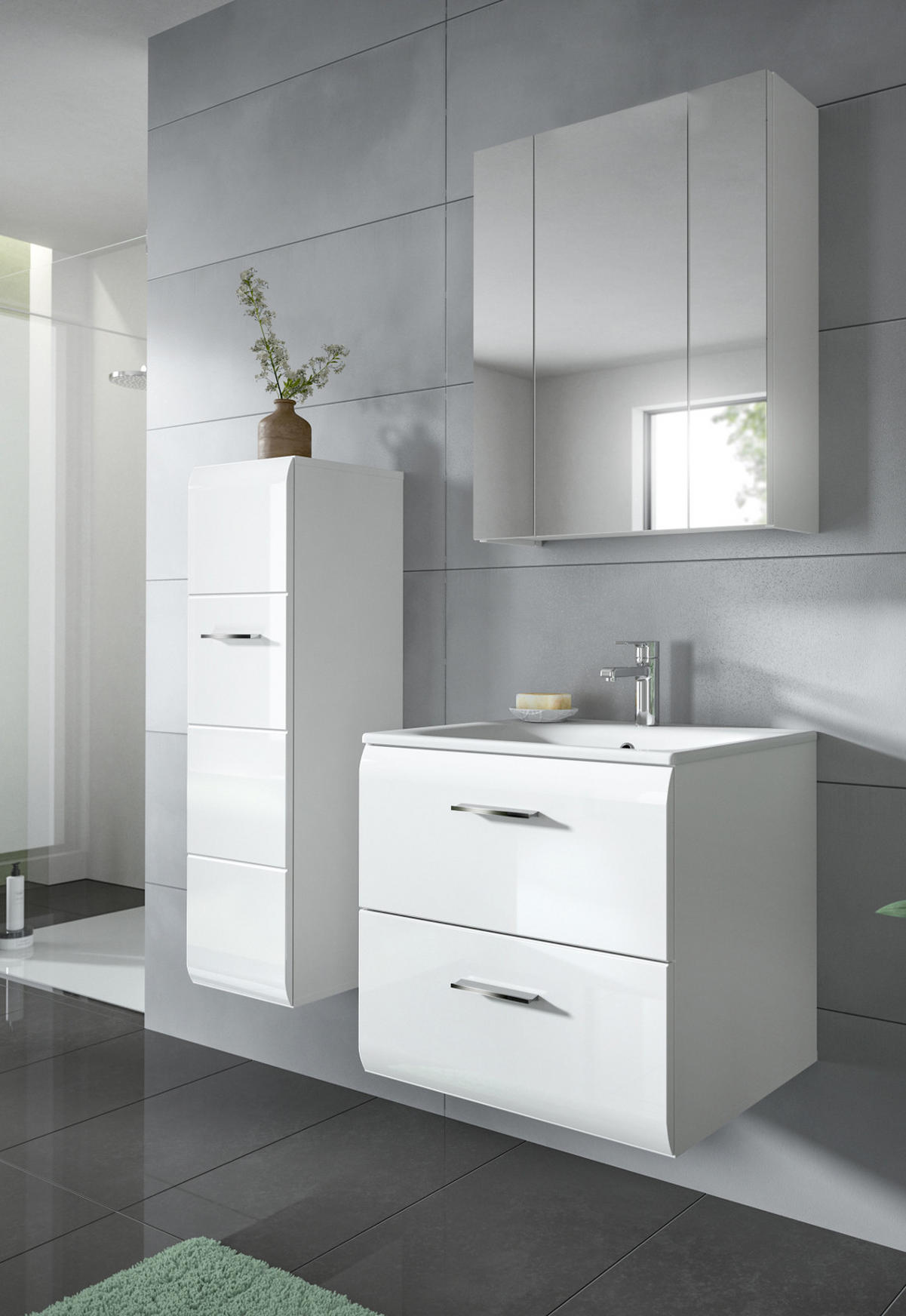 BADMÖBEL-SET weiß Hochglanz 3-teilig 105 cm, Komplettset inklusive Waschbecken - Weiß Hochglanz/Silberfarben, Glas/Holzwerkstoff (105/185/46cm) - Inn.Furn